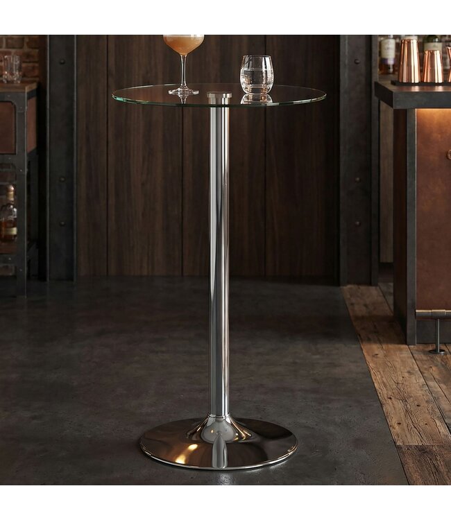 Amstyle bartafel 60x60x105 cm ronde bartafel veiligheidsglas bistrotafel zilver | Eigentijdse bartafel | Design feesttafel metaal | Hoge tafel chroom