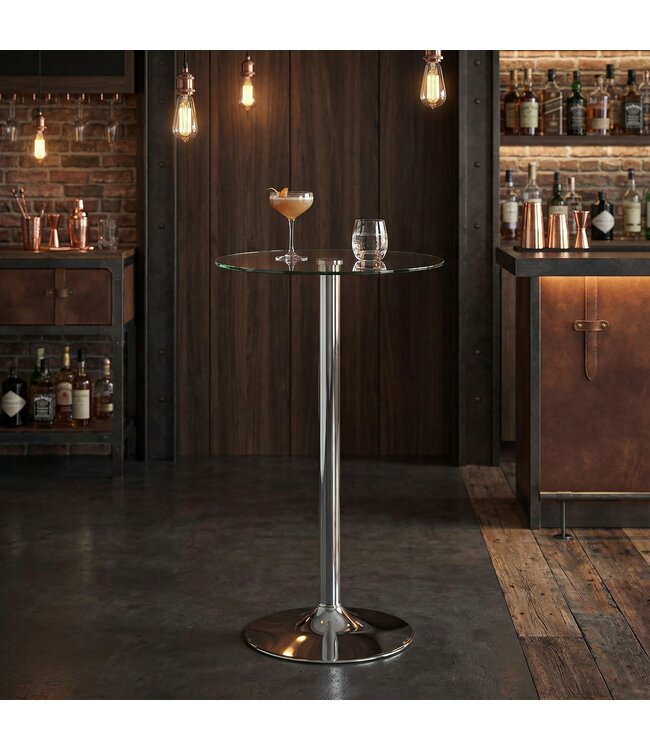 Amstyle bartafel 60x60x105 cm ronde bartafel veiligheidsglas bistrotafel zilver | Eigentijdse bartafel | Design feesttafel metaal | Hoge tafel chroom