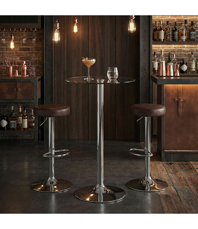 Amstyle bartafel 60x60x105 cm ronde bartafel veiligheidsglas bistrotafel zilver | Eigentijdse bartafel | Design feesttafel metaal | Hoge tafel chroom