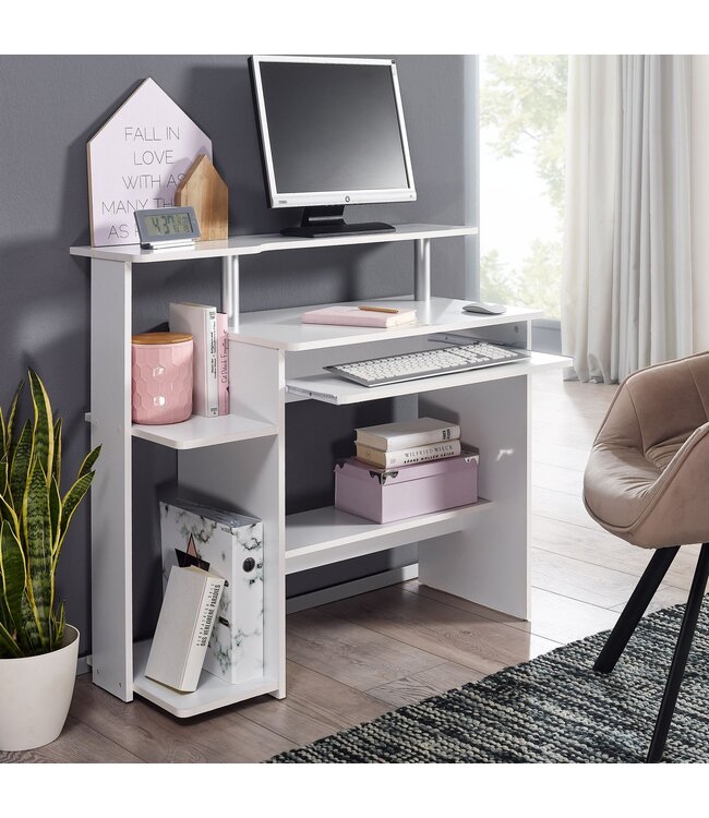 Wohnling computer bureau DENNIS White 94 x 90 x 48 cm met toetsenbord plank | Laptop tafel zonder wielen met top | Pc-tafel met ruimtebesparende printer tray | Bureau voor kleine ruimtes