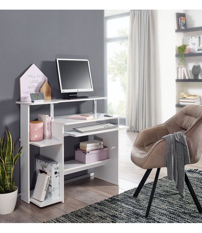 Wohnling computer bureau DENNIS White 94 x 90 x 48 cm met toetsenbord plank | Laptop tafel zonder wielen met top | Pc-tafel met ruimtebesparende printer tray | Bureau voor kleine ruimtes