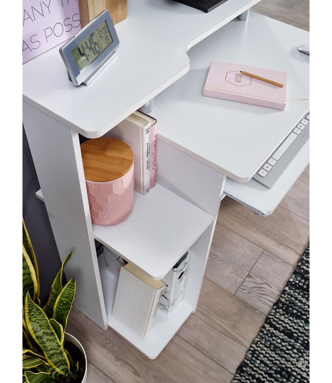 Wohnling computer bureau DENNIS White 94 x 90 x 48 cm met toetsenbord plank | Laptop tafel zonder wielen met top | Pc-tafel met ruimtebesparende printer tray | Bureau voor kleine ruimtes