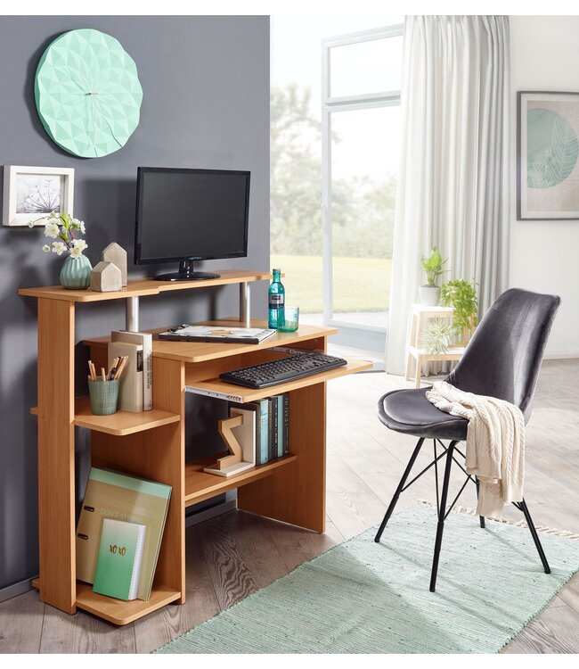 Wohnling computer bureau DENNIS Beech 94 x 90 x 48 cm met toetsenbord plank | Laptop tafel zonder wielen met top | Pc-tafel met ruimtebesparende printer tray | Bureau voor kleine ruimtes