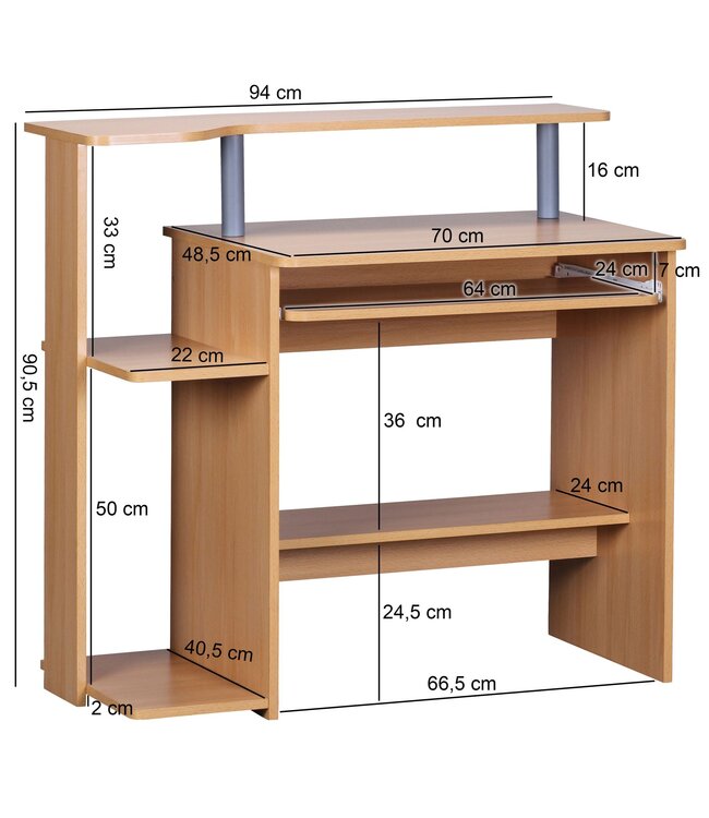 Wohnling computer bureau DENNIS Beech 94 x 90 x 48 cm met toetsenbord plank | Laptop tafel zonder wielen met top | Pc-tafel met ruimtebesparende printer tray | Bureau voor kleine ruimtes