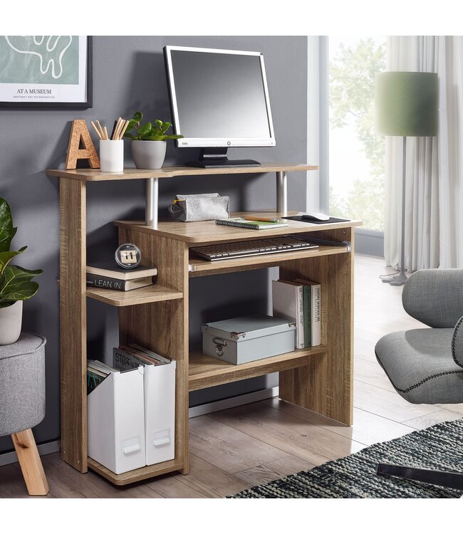 Wohnling computer bureau DENNIS Sonoma eik 94 x 90 x 48 cm met toetsenbord plank | Laptop tafel zonder wielen met top | Pc-tafel met ruimtebesparende printer tray | Bureau voor kleine ruimtes
