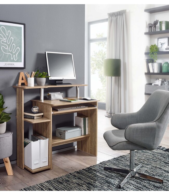 Wohnling computer bureau DENNIS Sonoma eik 94 x 90 x 48 cm met toetsenbord plank | Laptop tafel zonder wielen met top | Pc-tafel met ruimtebesparende printer tray | Bureau voor kleine ruimtes