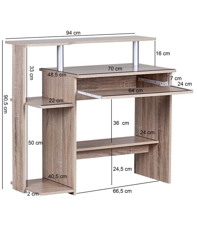 Wohnling computer bureau DENNIS Sonoma eik 94 x 90 x 48 cm met toetsenbord plank | Laptop tafel zonder wielen met top | Pc-tafel met ruimtebesparende printer tray | Bureau voor kleine ruimtes