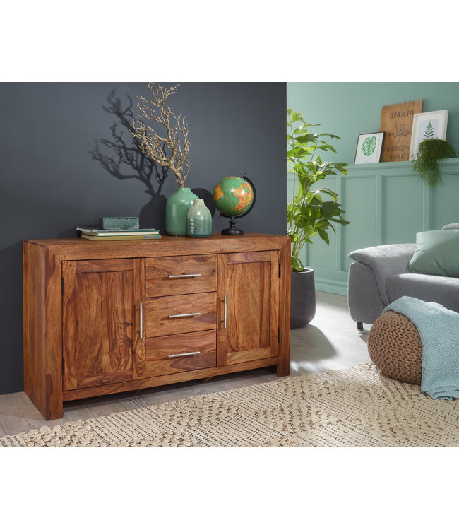 Wohnling dressoir MUMBAI massief houten sheesham ladekast 118 cm 3 laden 2 deuren design highboard landhuisstijl bruin naturel