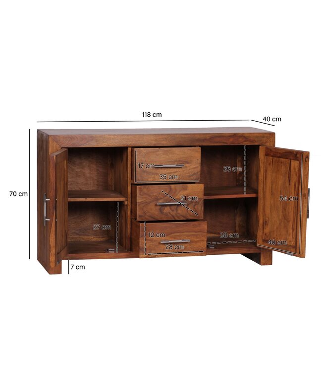 Wohnling dressoir MUMBAI massief houten sheesham ladekast 118 cm 3 laden 2 deuren design highboard landhuisstijl bruin naturel