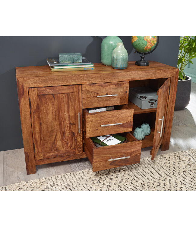 Wohnling dressoir MUMBAI massief houten sheesham ladekast 118 cm 3 laden 2 deuren design highboard landhuisstijl bruin naturel