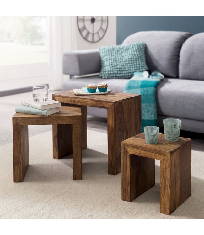 Wohnling set van 3 bijzettafeltjes massief houten Sheesham salontafel landelijke stijl bijzettafel donkerbruin hout