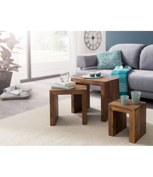 Wohnling set van 3 bijzettafeltjes massief houten Sheesham salontafel landelijke stijl bijzettafel donkerbruin hout