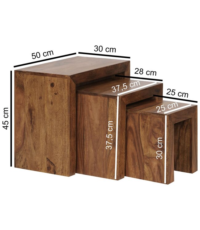 Wohnling set van 3 bijzettafeltjes massief houten Sheesham salontafel landelijke stijl bijzettafel donkerbruin hout