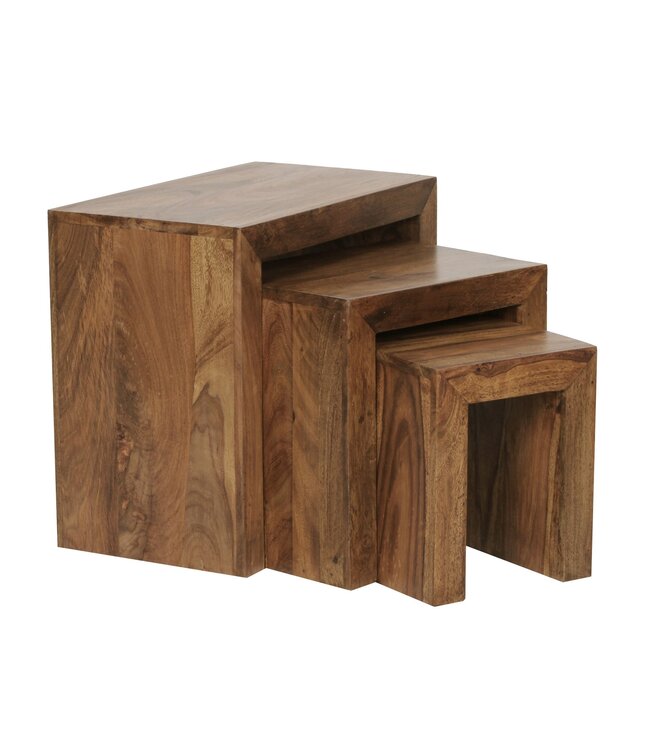 Wohnling set van 3 bijzettafeltjes massief houten Sheesham salontafel landelijke stijl bijzettafel donkerbruin hout