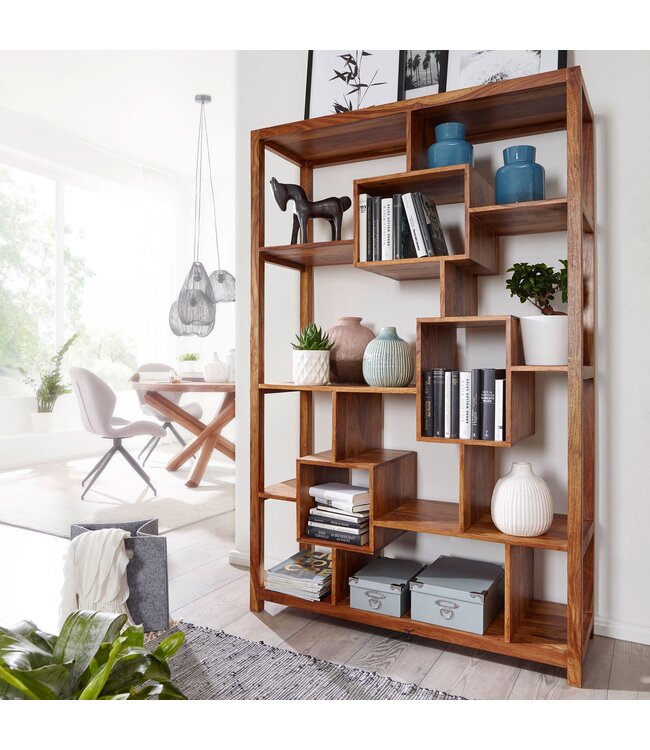 Wohnling boekenplank MUMBAI massief houten sheesham 115 x 180 cm woonkamer plank opbergvakken design landhuisstijl staande plank