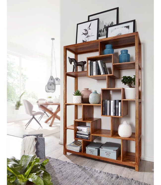 Wohnling boekenplank MUMBAI massief houten sheesham 115 x 180 cm woonkamer plank opbergvakken design landhuisstijl staande plank