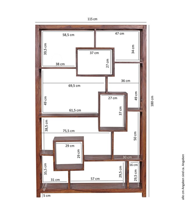 Wohnling boekenplank MUMBAI massief houten sheesham 115 x 180 cm woonkamer plank opbergvakken design landhuisstijl staande plank