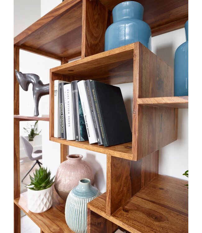 Wohnling boekenplank MUMBAI massief houten sheesham 115 x 180 cm woonkamer plank opbergvakken design landhuisstijl staande plank