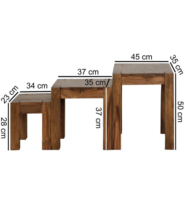 Wohnling set van 3 bijzettafels massief hout Sheesham woonkamertafel landelijke stijl bijzettafel donkerbruin natuurlijk hout