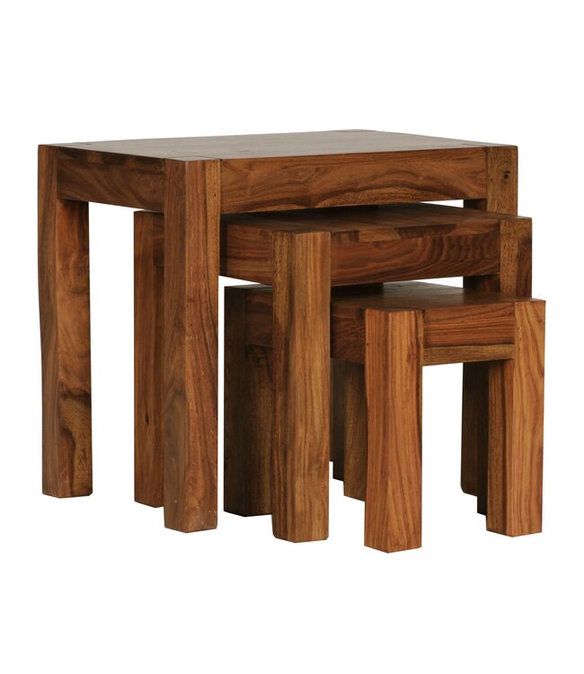 Wohnling set van 3 bijzettafels massief hout Sheesham woonkamertafel landelijke stijl bijzettafel donkerbruin natuurlijk hout