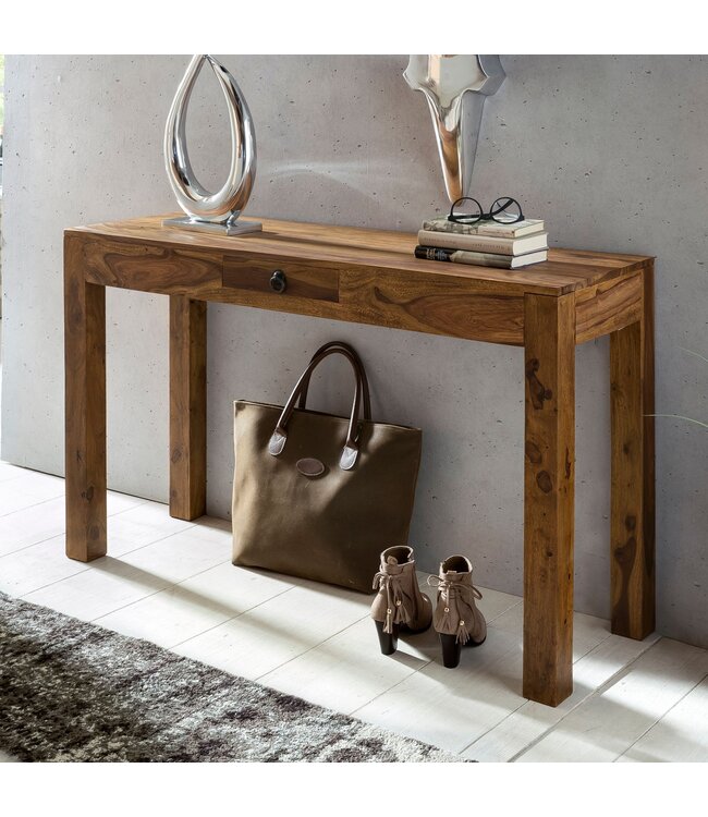 Wohnling console tafel MUMBAI massief houten sheesham console met 1 lade bureau 120 x 40 cm landelijke stijl dressoir