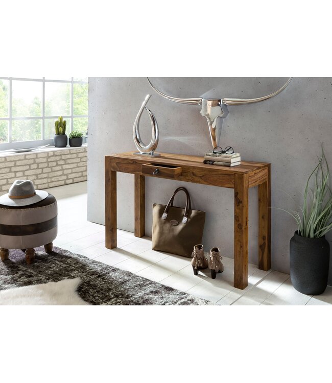Wohnling console tafel MUMBAI massief houten sheesham console met 1 lade bureau 120 x 40 cm landelijke stijl dressoir