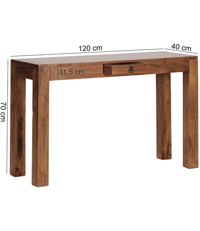Wohnling console tafel MUMBAI massief houten sheesham console met 1 lade bureau 120 x 40 cm landelijke stijl dressoir