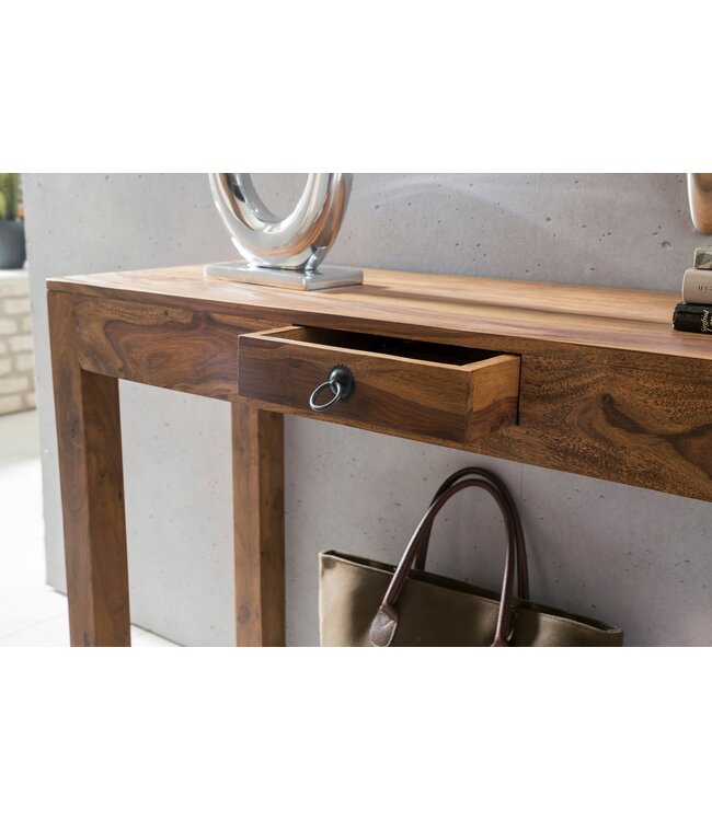 Wohnling console tafel MUMBAI massief houten sheesham console met 1 lade bureau 120 x 40 cm landelijke stijl dressoir