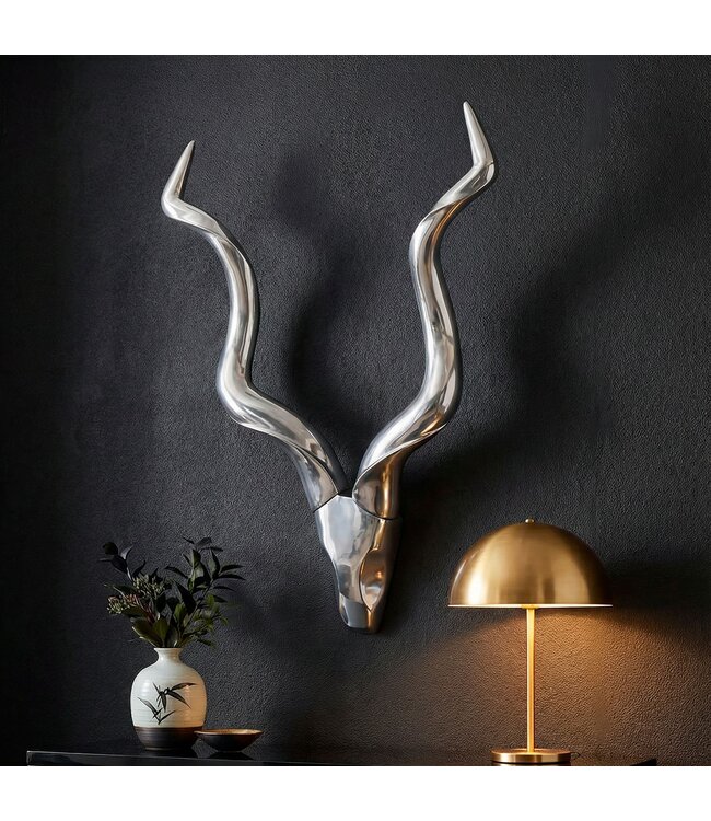 Wohnling Stag L wanddecoratie Deer 80cm aluminium zilver aluminium wanddecoratie Antler Ontwerp Decoratie
