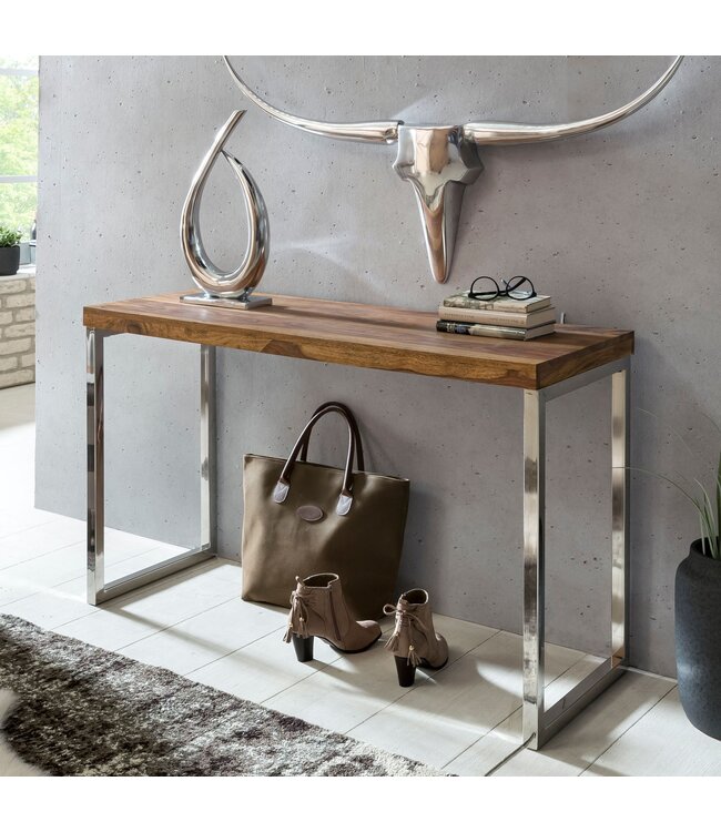 Wohnling console tafel GUNA massief houten sheesham console met metalen poten bureau 120x45 cm landelijke stijl dressoir modern massief echt hout natuurlijk dressoir PC tafel secretaire tafel hal