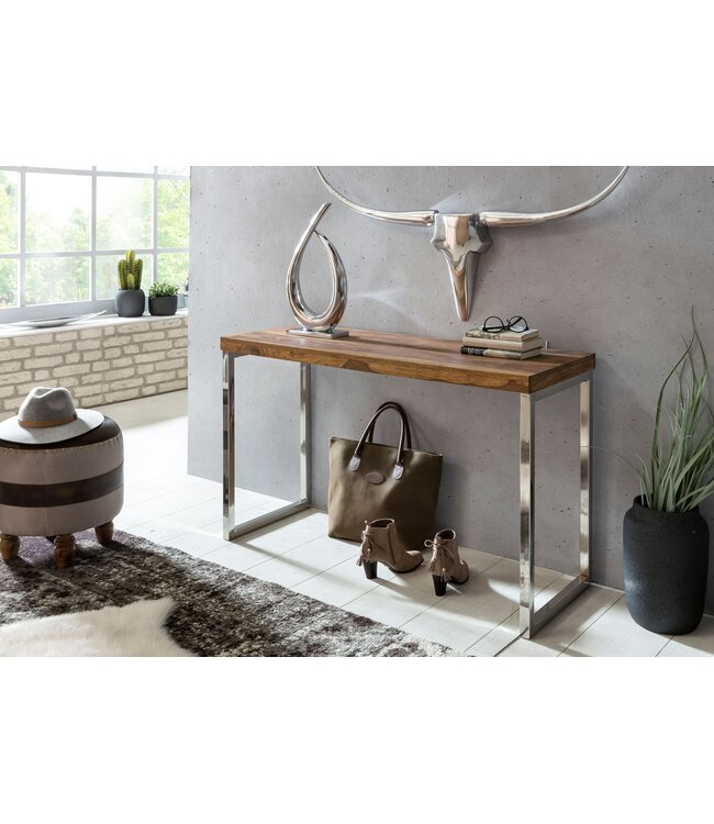 Wohnling console tafel GUNA massief houten sheesham console met metalen poten bureau 120x45 cm landelijke stijl dressoir modern massief echt hout natuurlijk dressoir PC tafel secretaire tafel hal