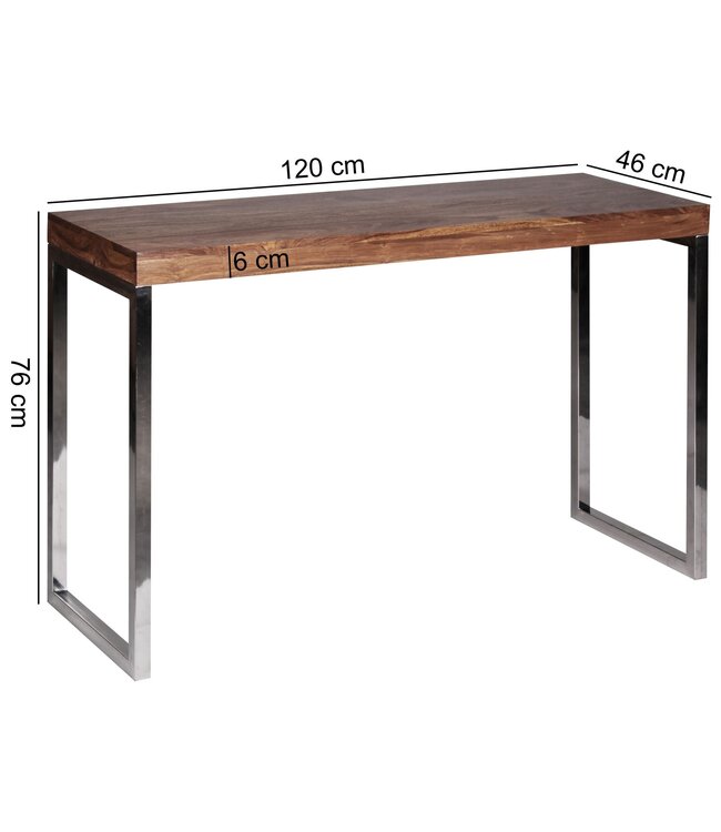 Wohnling console tafel GUNA massief houten sheesham console met metalen poten bureau 120x45 cm landelijke stijl dressoir modern massief echt hout natuurlijk dressoir PC tafel secretaire tafel hal