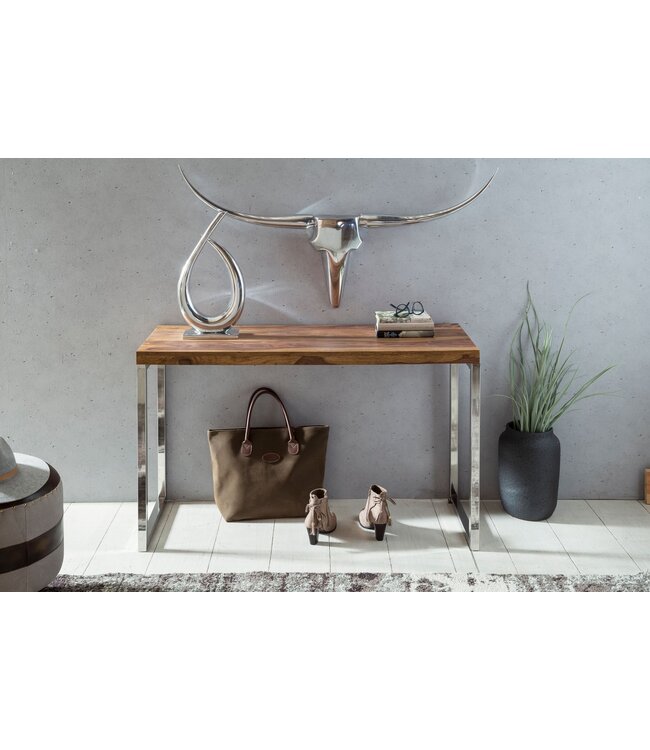 Wohnling console tafel GUNA massief houten sheesham console met metalen poten bureau 120x45 cm landelijke stijl dressoir modern massief echt hout natuurlijk dressoir PC tafel secretaire tafel hal