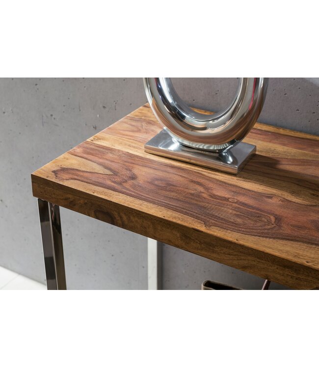 Wohnling console tafel GUNA massief houten sheesham console met metalen poten bureau 120x45 cm landelijke stijl dressoir modern massief echt hout natuurlijk dressoir PC tafel secretaire tafel hal