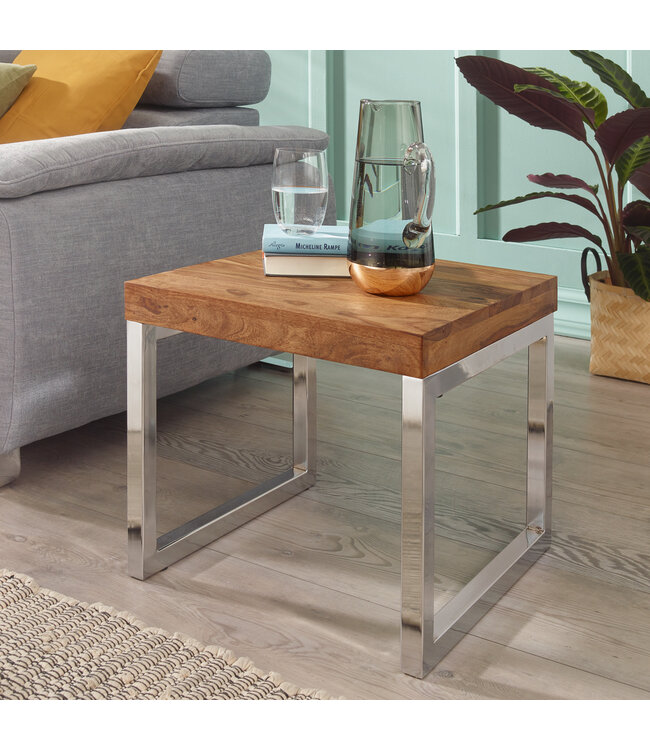 Wohnling bijzettafel GUNA massief hout sheesham woonkamertafel metalen frame salontafel landelijke stijl donkerbruin naturel