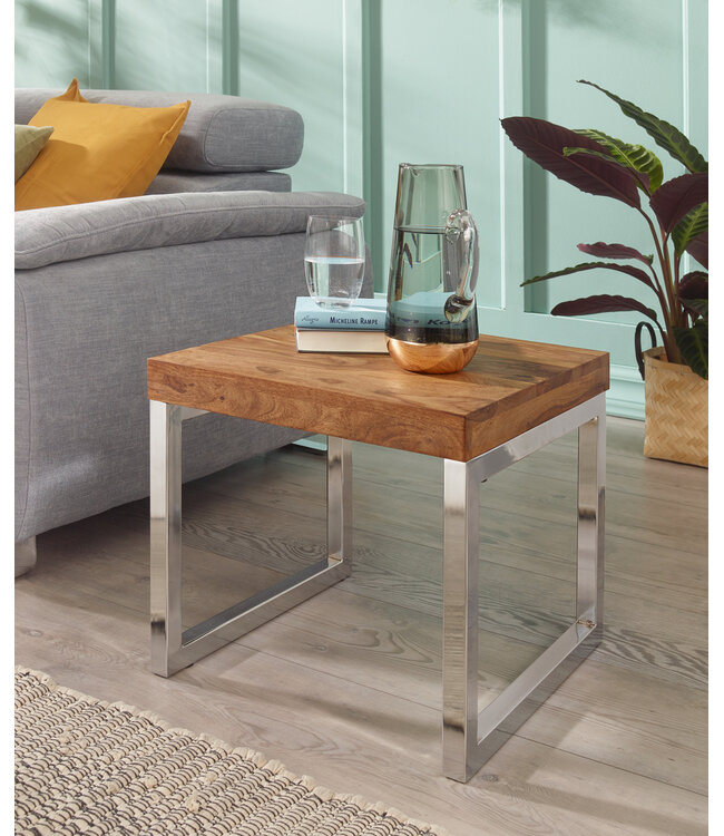 Wohnling bijzettafel GUNA massief hout sheesham woonkamertafel metalen frame salontafel landelijke stijl donkerbruin naturel