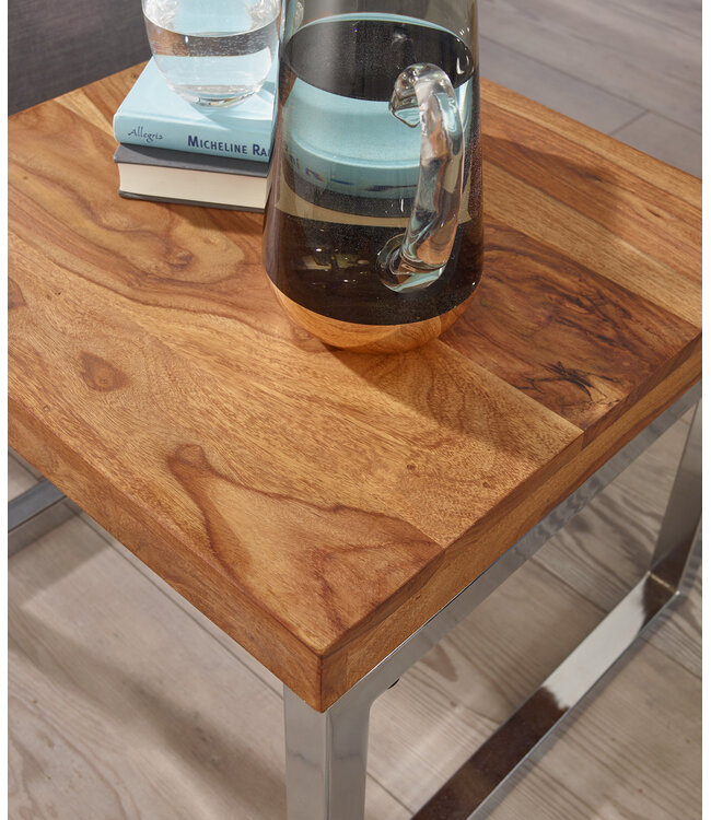 Wohnling bijzettafel GUNA massief hout sheesham woonkamertafel metalen frame salontafel landelijke stijl donkerbruin naturel