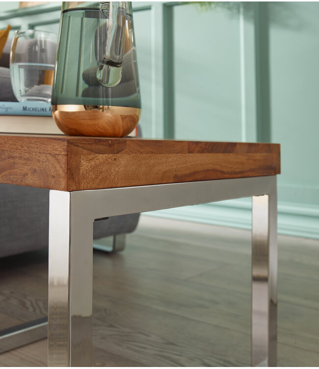 Wohnling bijzettafel GUNA massief hout sheesham woonkamertafel metalen frame salontafel landelijke stijl donkerbruin naturel