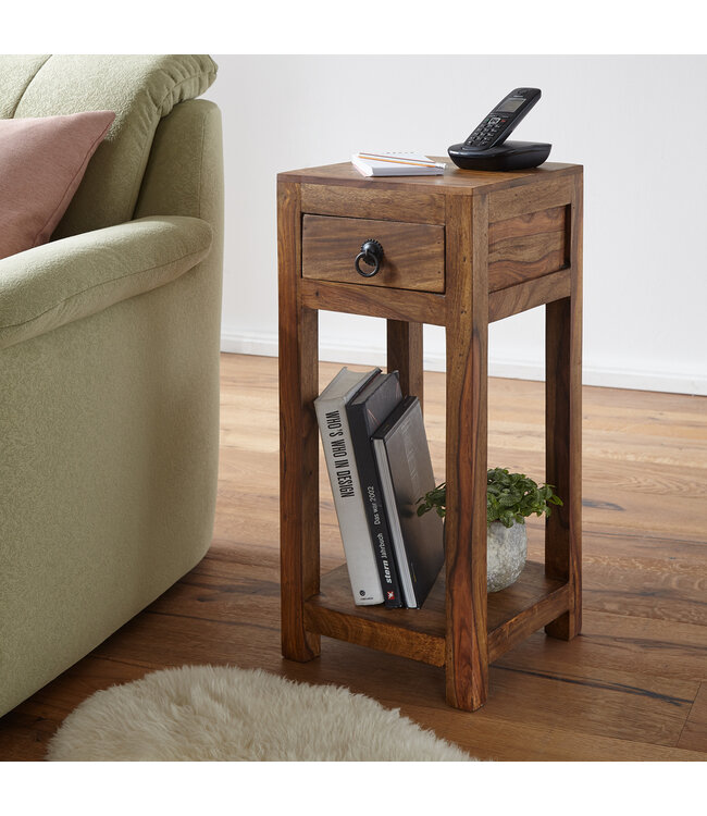 Wohnling bijzettafel MUMBAI massief houten sheesham 68cm hoge woonkamertafel met lade design salontafel in landelijke stijl