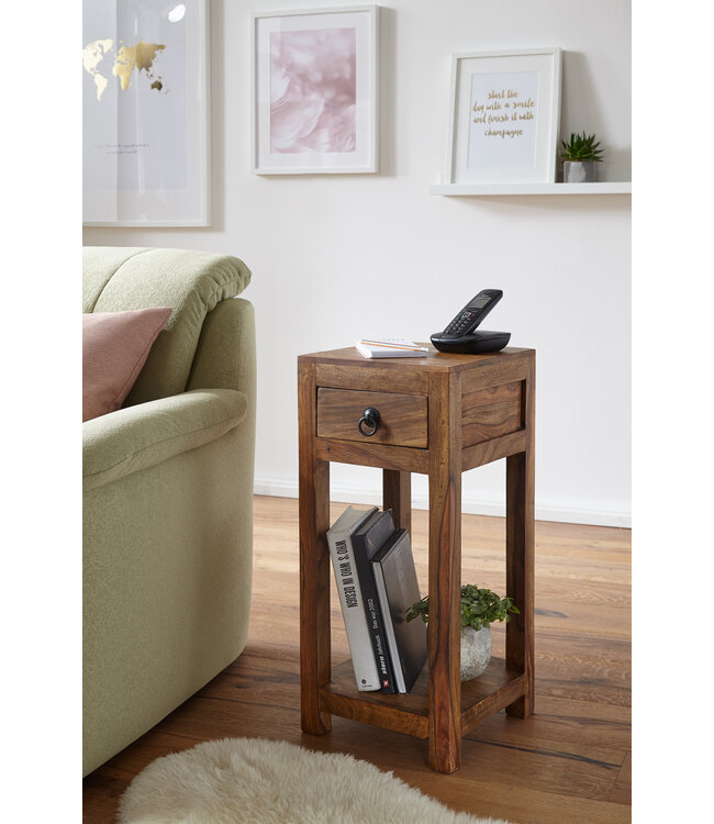 Wohnling bijzettafel MUMBAI massief houten sheesham 68cm hoge woonkamertafel met lade design salontafel in landelijke stijl