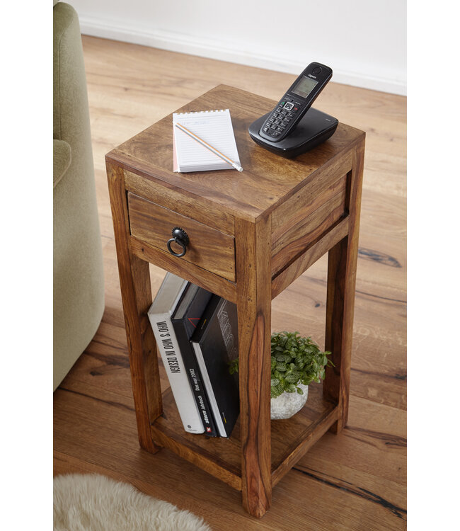 Wohnling bijzettafel MUMBAI massief houten sheesham 68cm hoge woonkamertafel met lade design salontafel in landelijke stijl