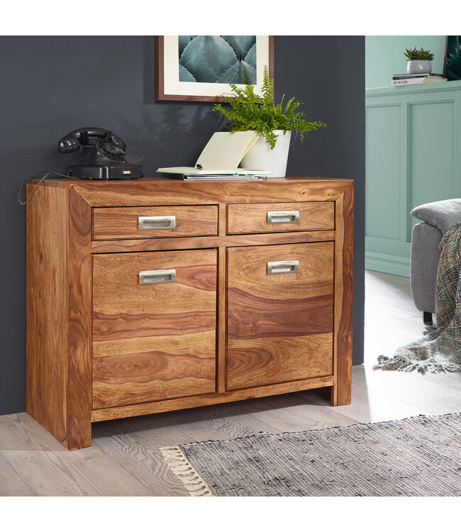 Wohnling dressoir massief hout Sheesham Borst 90 cm 2 laden 2 deuren Ontwerp dressoir landelijke stijl bruin natuurlijke