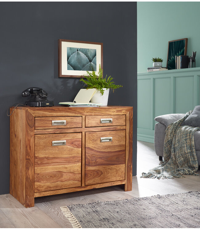 Wohnling dressoir massief hout Sheesham Borst 90 cm 2 laden 2 deuren Ontwerp dressoir landelijke stijl bruin natuurlijke