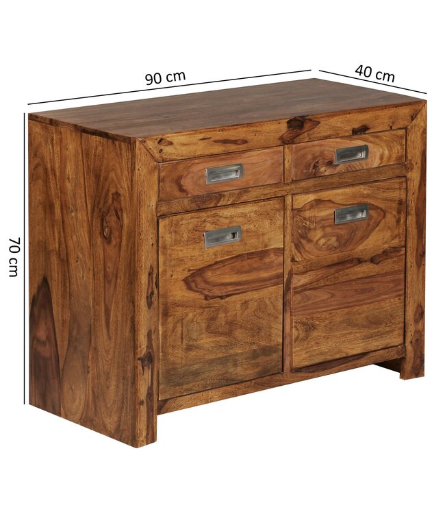 Wohnling dressoir massief hout Sheesham Borst 90 cm 2 laden 2 deuren Ontwerp dressoir landelijke stijl bruin natuurlijke