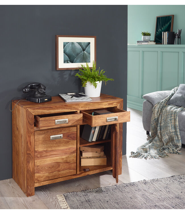 Wohnling dressoir massief hout Sheesham Borst 90 cm 2 laden 2 deuren Ontwerp dressoir landelijke stijl bruin natuurlijke