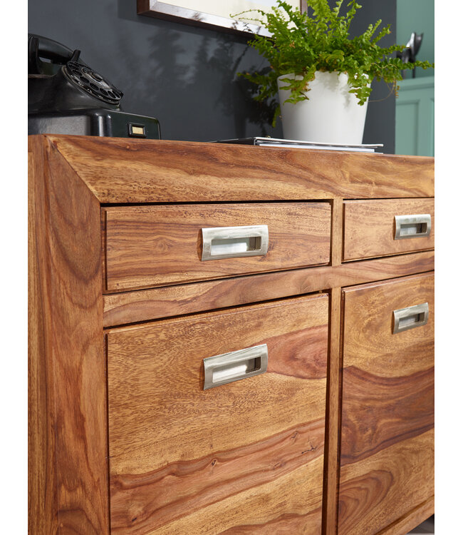 Wohnling dressoir massief hout Sheesham Borst 90 cm 2 laden 2 deuren Ontwerp dressoir landelijke stijl bruin natuurlijke