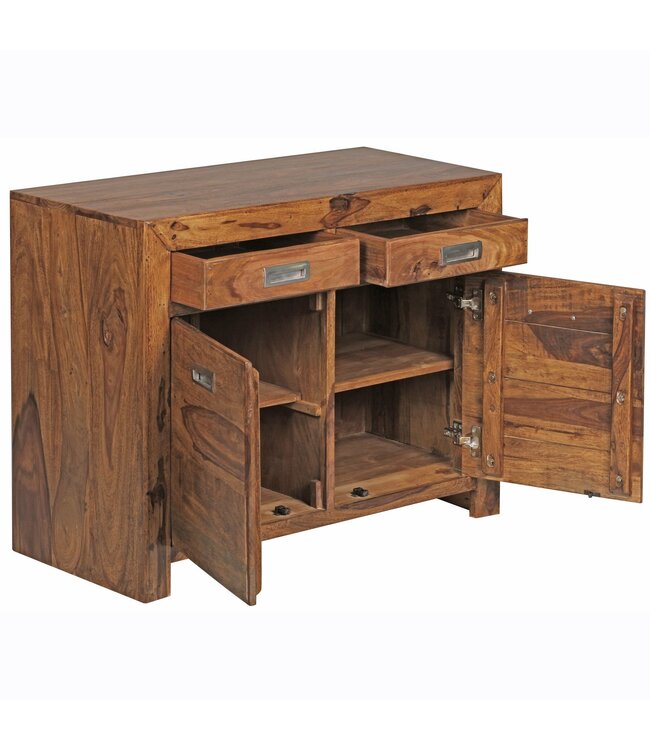 Wohnling dressoir massief hout Sheesham Borst 90 cm 2 laden 2 deuren Ontwerp dressoir landelijke stijl bruin natuurlijke