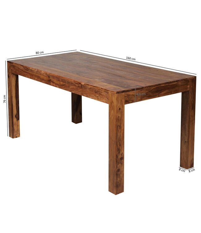 Wohnling Eetkamertafel MUMBAI 160x80x76 cm Sheesham massief houten eettafel tijdloos, keukentafel rechthoekig, houten tafel eetkamer eenvoudig, grote eettafel hout