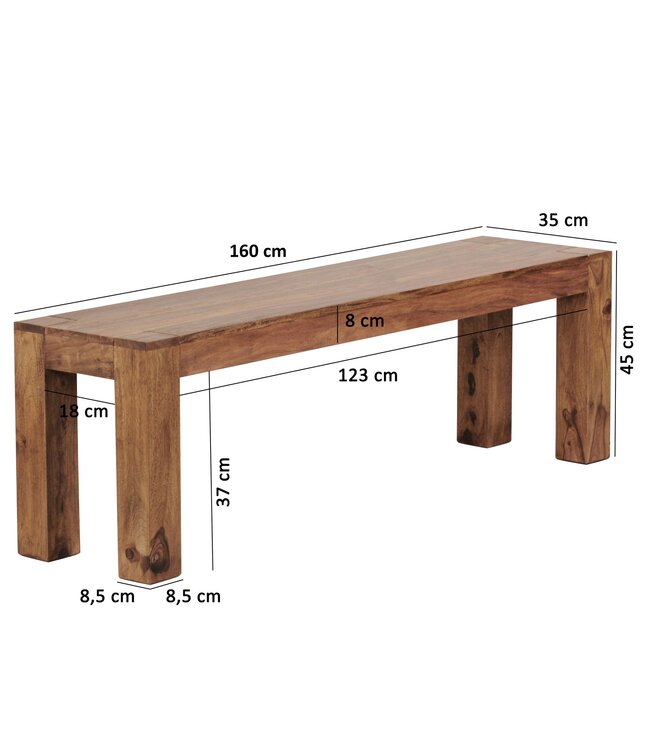 Wohnling eetkamerbank MUMBAI massief hout Sheesham 160 x 45 x 35 cm houten bank natuurproduct Keukenbank in landhuisstijl