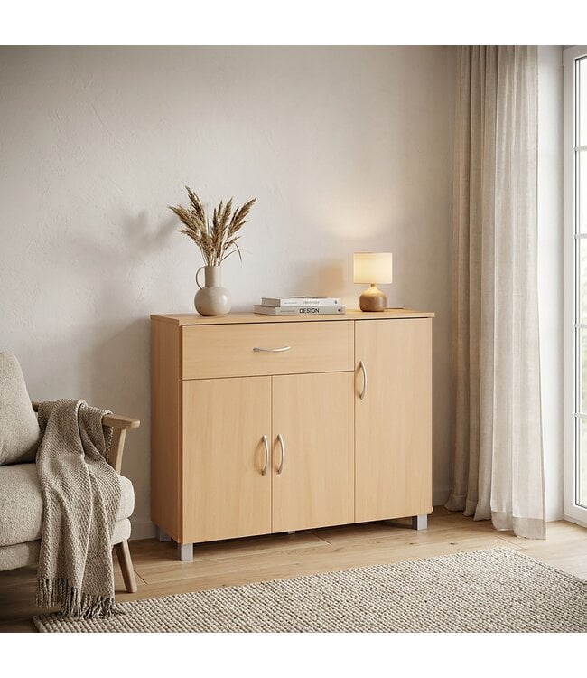 Wohnling sideboard JARRY beuk met 1 lade en 3 Doors 90 x 75 x 30 cm | Ontwerp commode | Pantry-vloer kast met handvatten